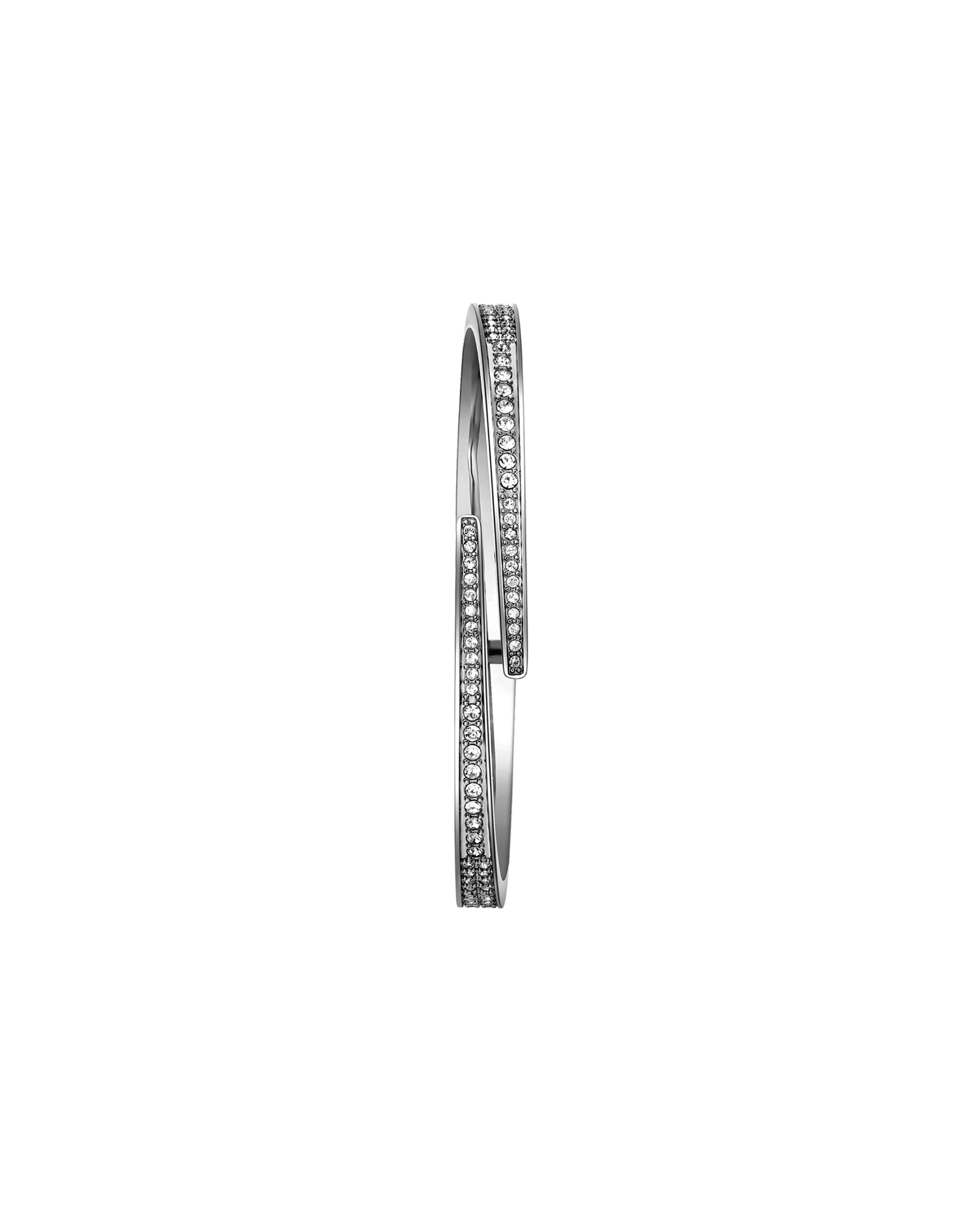 The JBW Cristal 28 | J6387-SetC is a sleek silver stainless steel bangle with two overlapping bands, each embellished with rows of sparkling Austrian crystals, shown against a plain white background.