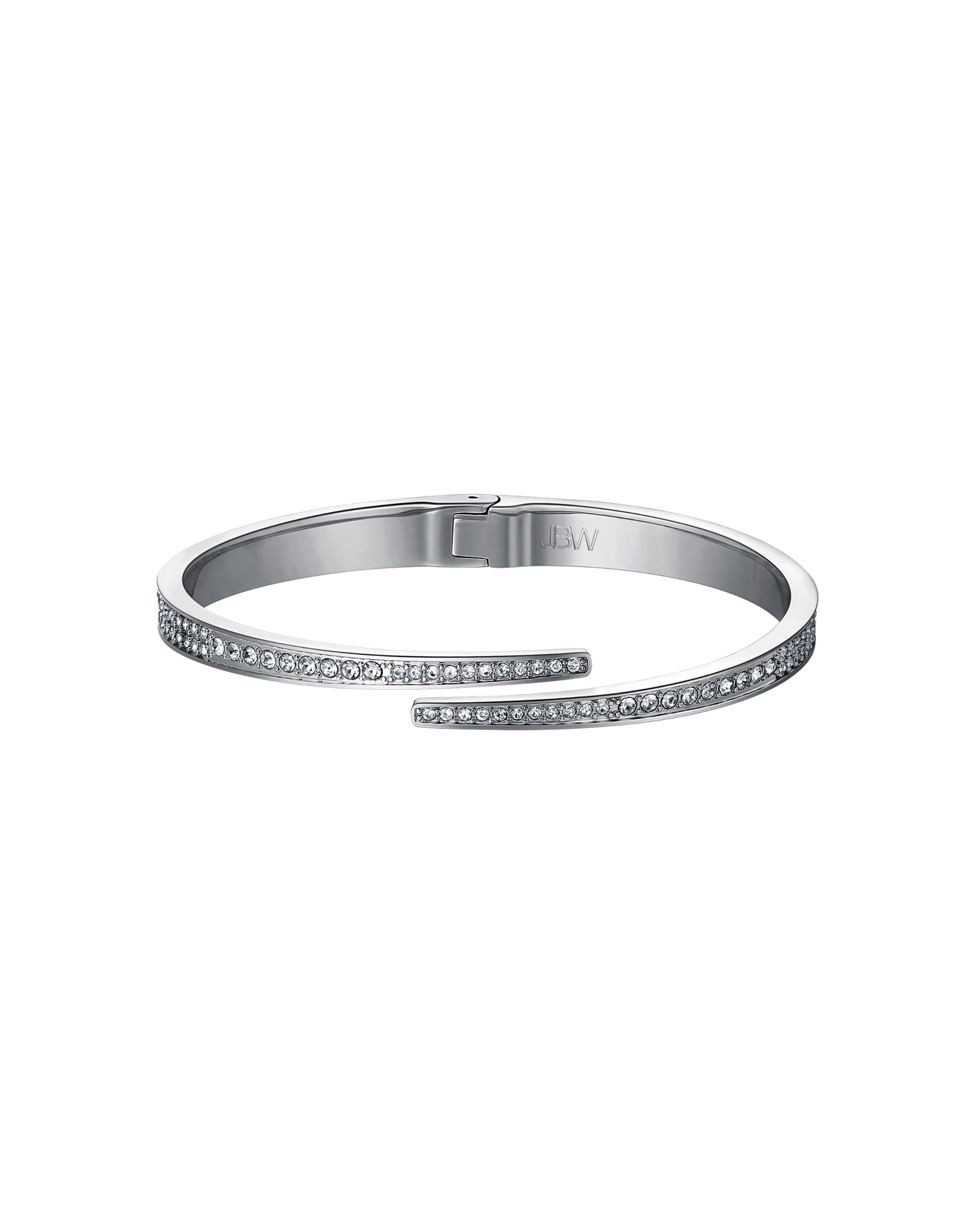 The JBW Cristal 28 | J6387-SetC is a silver cuff bracelet with two overlapping open ends, each set with sparkling Austrian crystals and a smooth interior engraved with "JBW," evoking the sophistication of a stainless steel bangle.