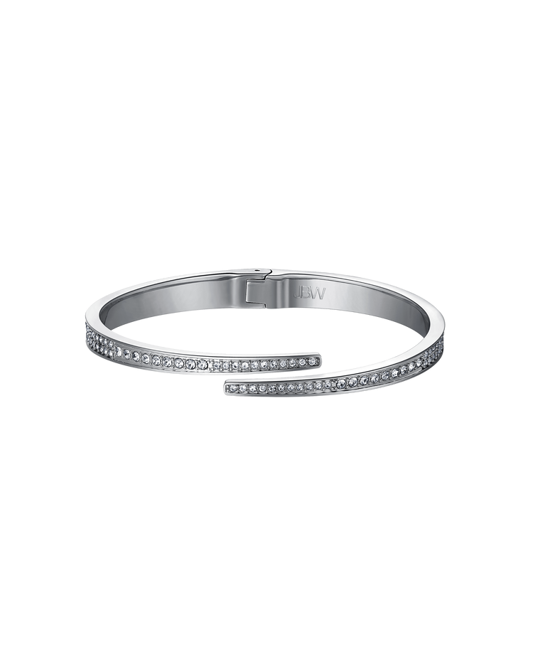 The JBW Cristal 28 | J6387-SetC is a silver cuff bracelet with two overlapping open ends, each set with sparkling Austrian crystals and a smooth interior engraved with "JBW," evoking the sophistication of a stainless steel bangle.