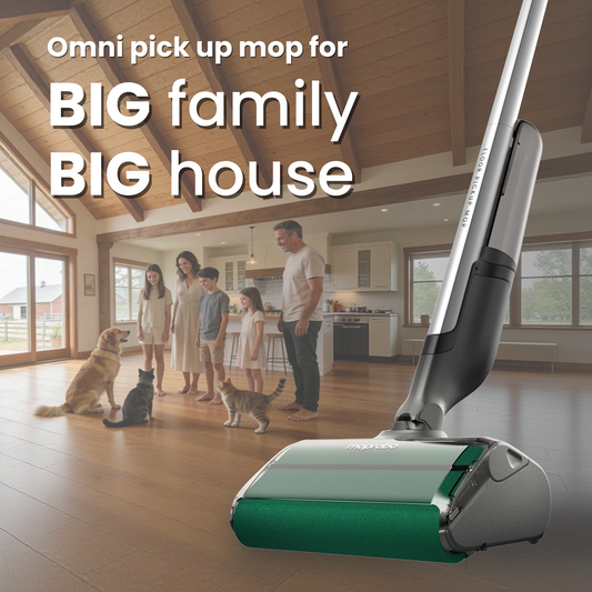 Person using a vacuum cleaner on a wooden floor in a kitchen.