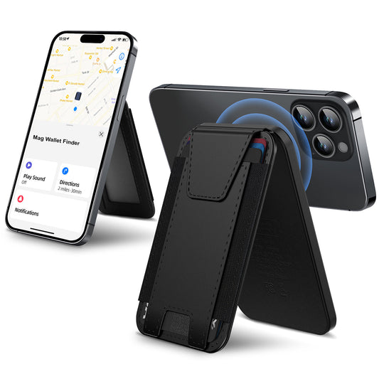 Black phone case with a stand feature, showing smartphone and phone screen on a white background