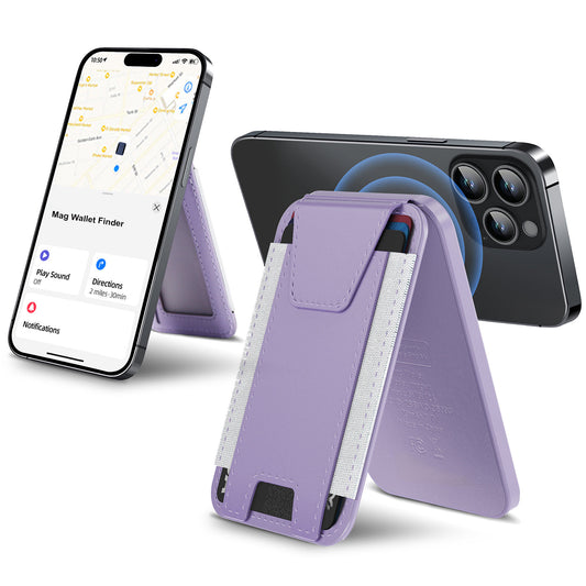 A light purple magnetic wallet case shown with two smartphones on a clean white background. One phone stands upright on the case to demonstrate its foldable stand function, and the other lies flat behind it to show the back.