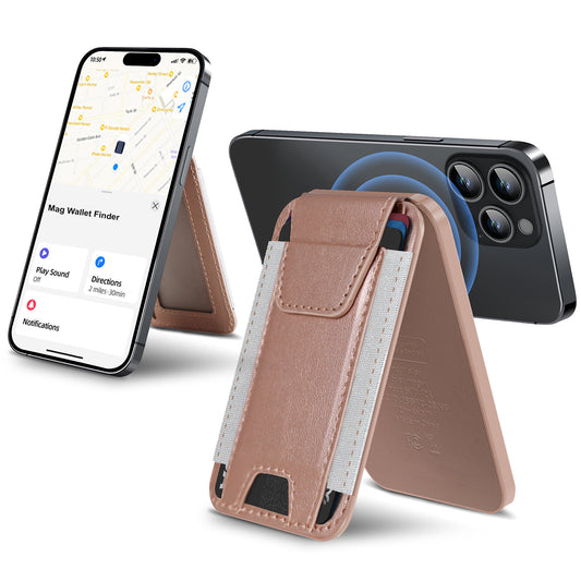 A rose gold magnetic wallet phone case shown in a folded stand position, with two smartphones demonstrating use: one displaying a map app and the other showing the back of the phone. The case has a light gray magnetic strip on the side.