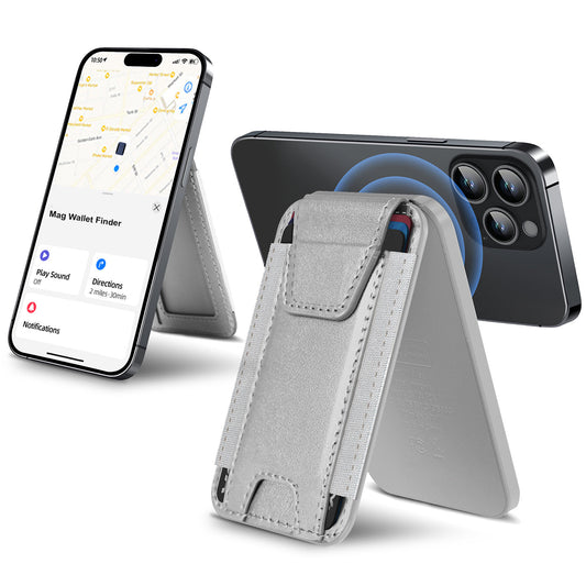 A light gray magnetic wallet phone case shown with two smartphones on a clean white background. One phone stands upright in the case, and another lies flat behind it with a blue magnetic field graphic indicating wireless charging.