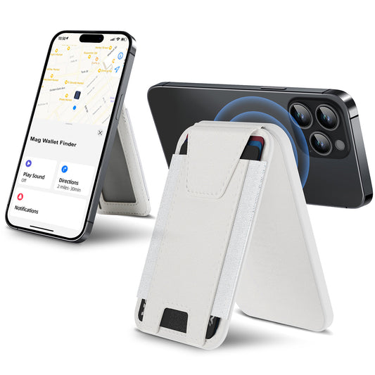 White phone stand with smartphone and tablet on a white background