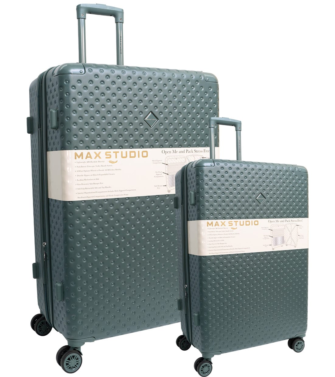 Two green suitcases with 'Max Studio' branding on a white background