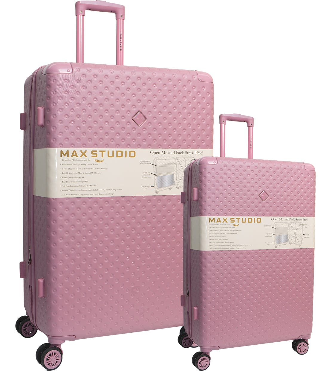 Two pink suitcases with 'MAX STUDIO' label on a white background