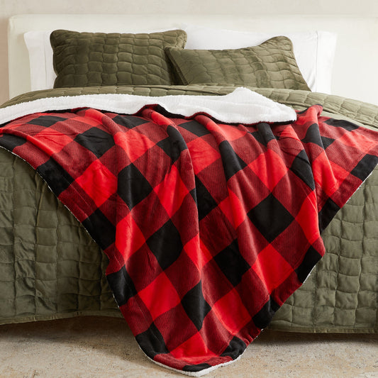 Ultra-Soft Velvet Plush Reversible Sherpa Fleece Blanket - Red/Black (Throw)