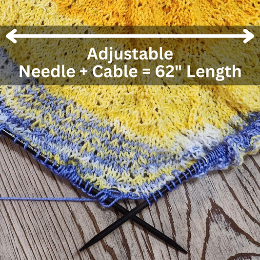 Set of adjustable knitting needles with a purple case and label on a white background