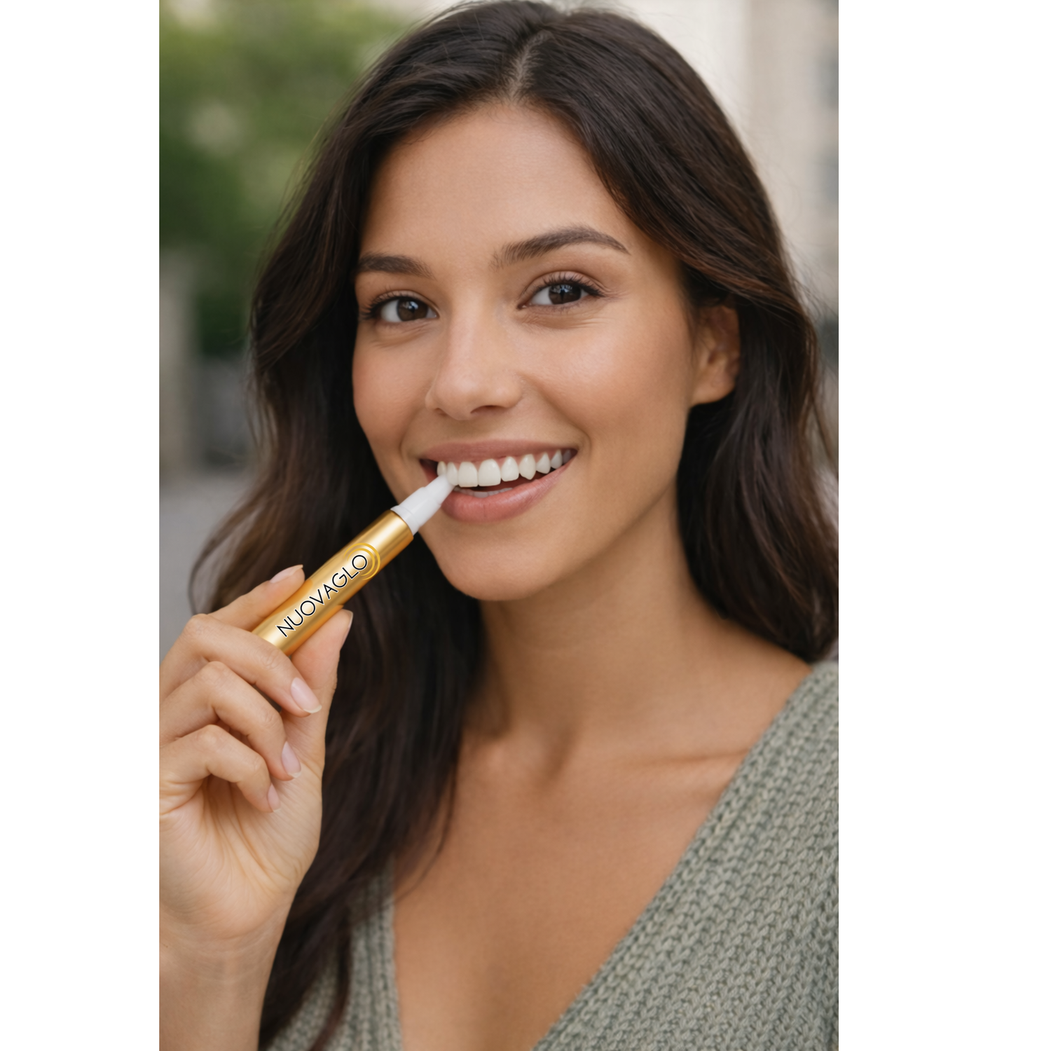 Woman using a NuvaGlo product on her face with a blurred outdoor background