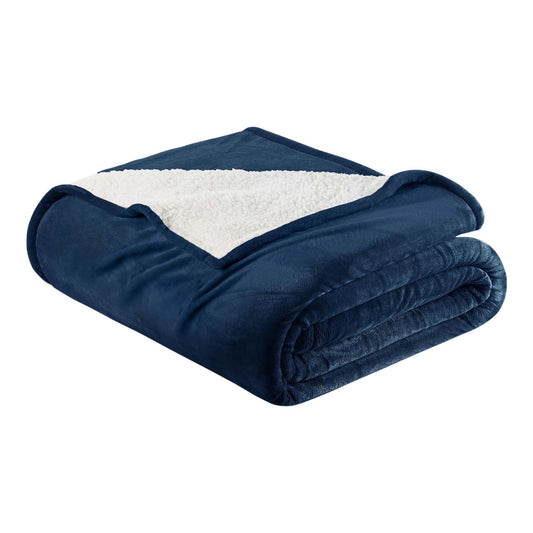 Ultra-Soft Velvet Plush Reversible Sherpa Fleece Blanket - Navy