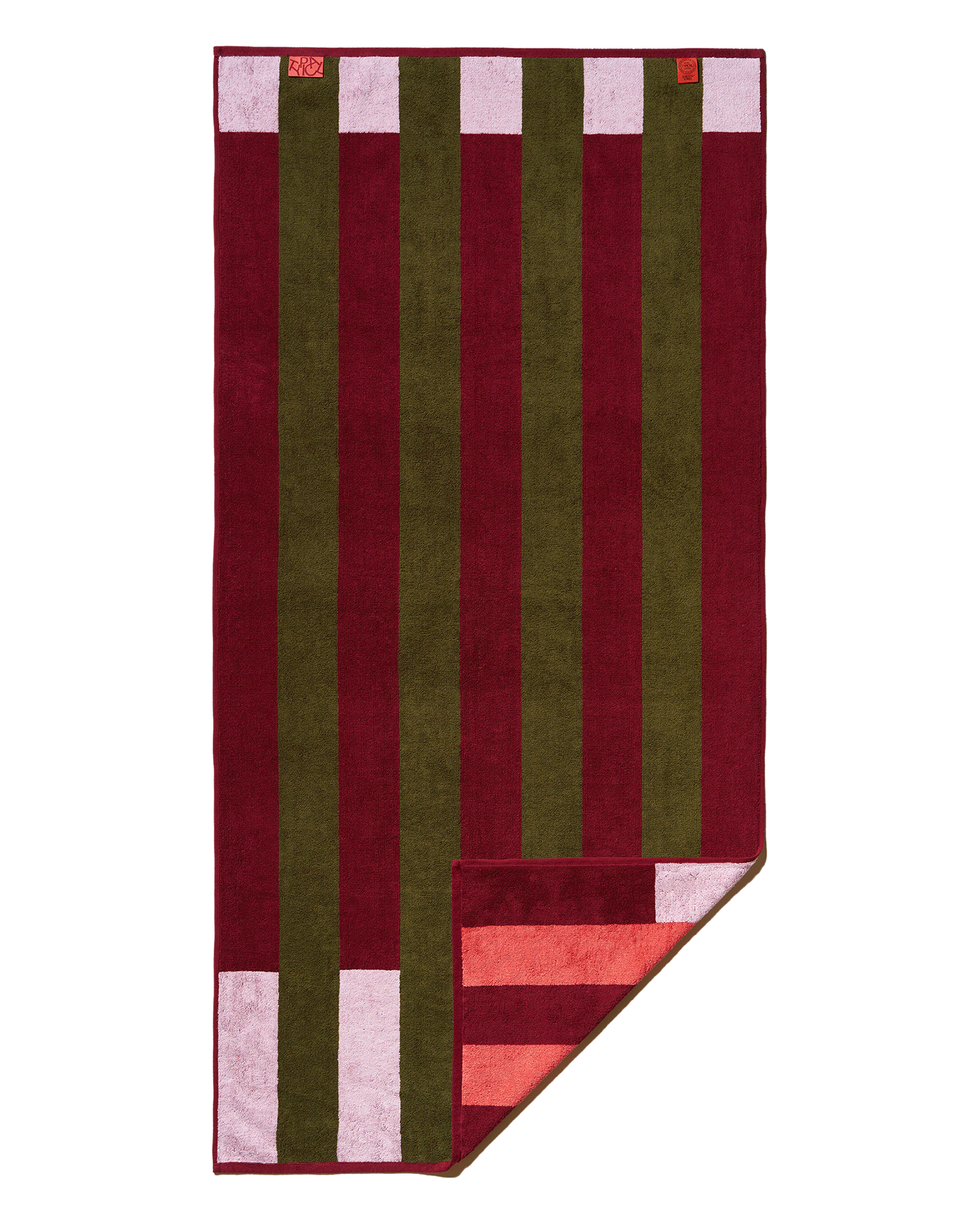 Striped towel with red, green, and pink pattern on a white background