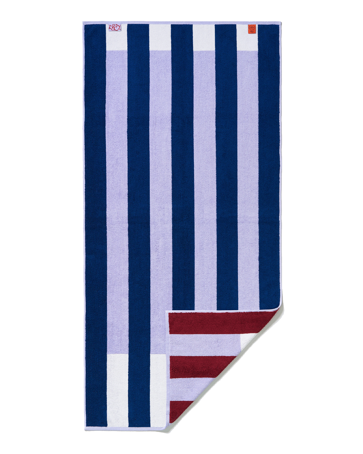 Striped towel with blue, white, and red pattern on a black background
