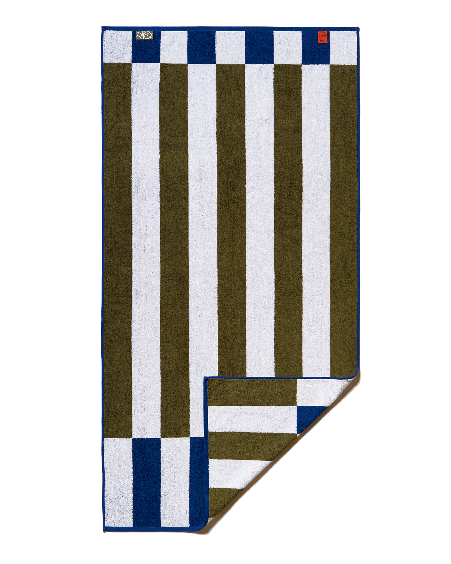 Striped towel with green, white, and blue pattern on a white background