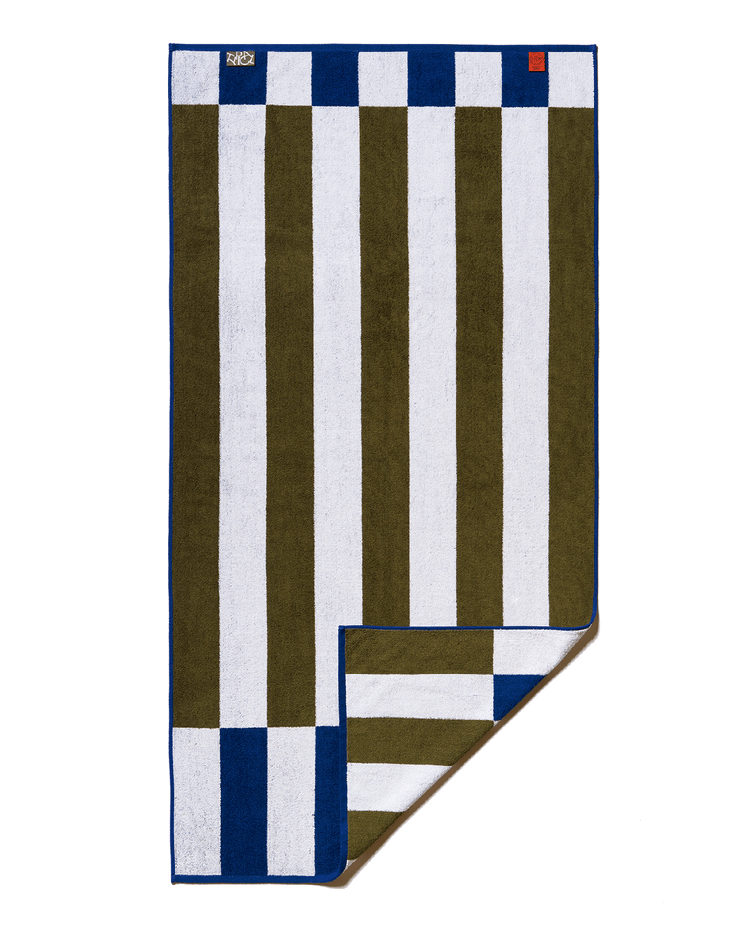 Striped towel with green, white, and blue pattern on a white background