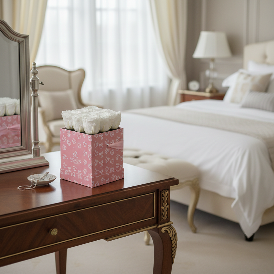 Pink gift box with white flowers on a wooden table in a bedroom.