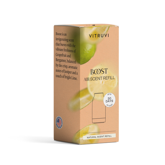 Vitruvi Boost air scent refill packaging on a white background