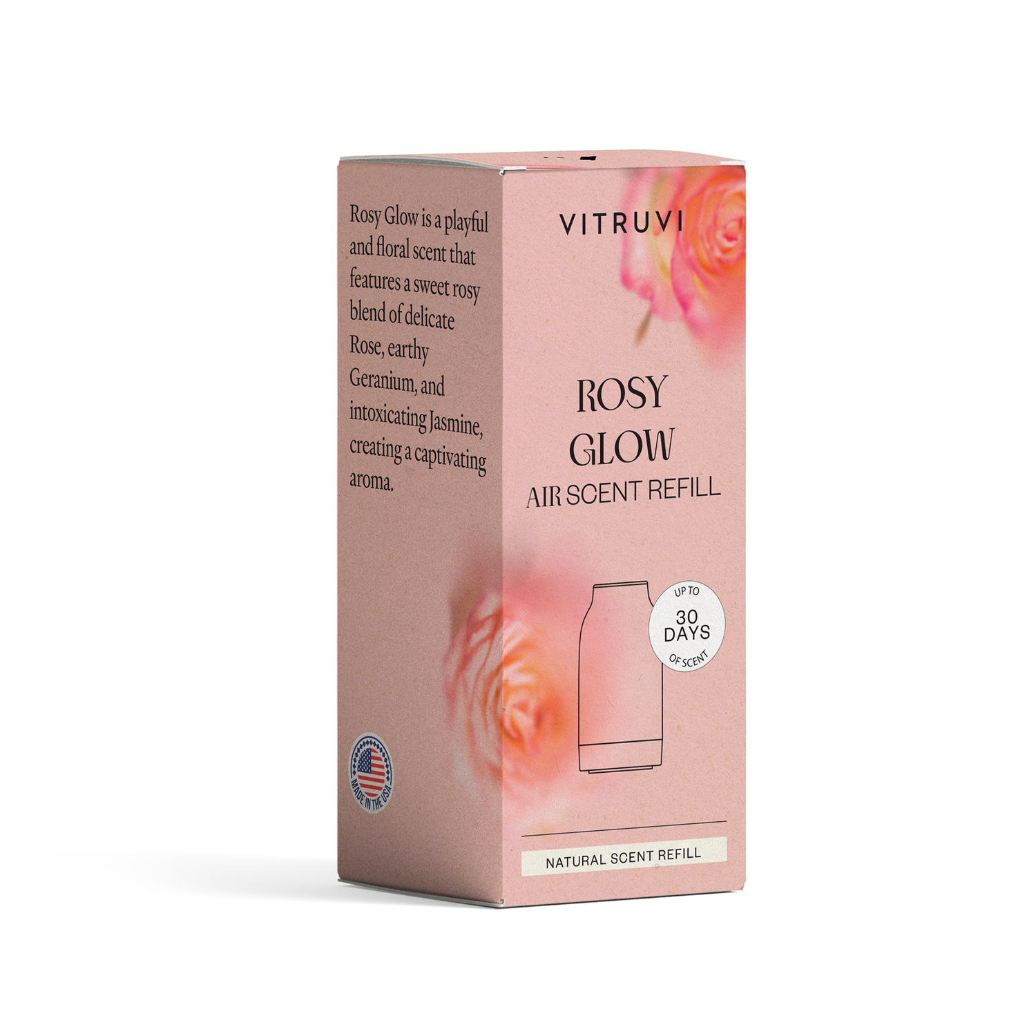 Vitruvi Rosy Glow air scent refill packaging on a white background