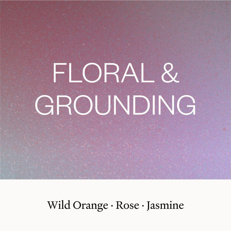 Gradient background with text 'FLORAL & GROUNDING' and notes on scents.