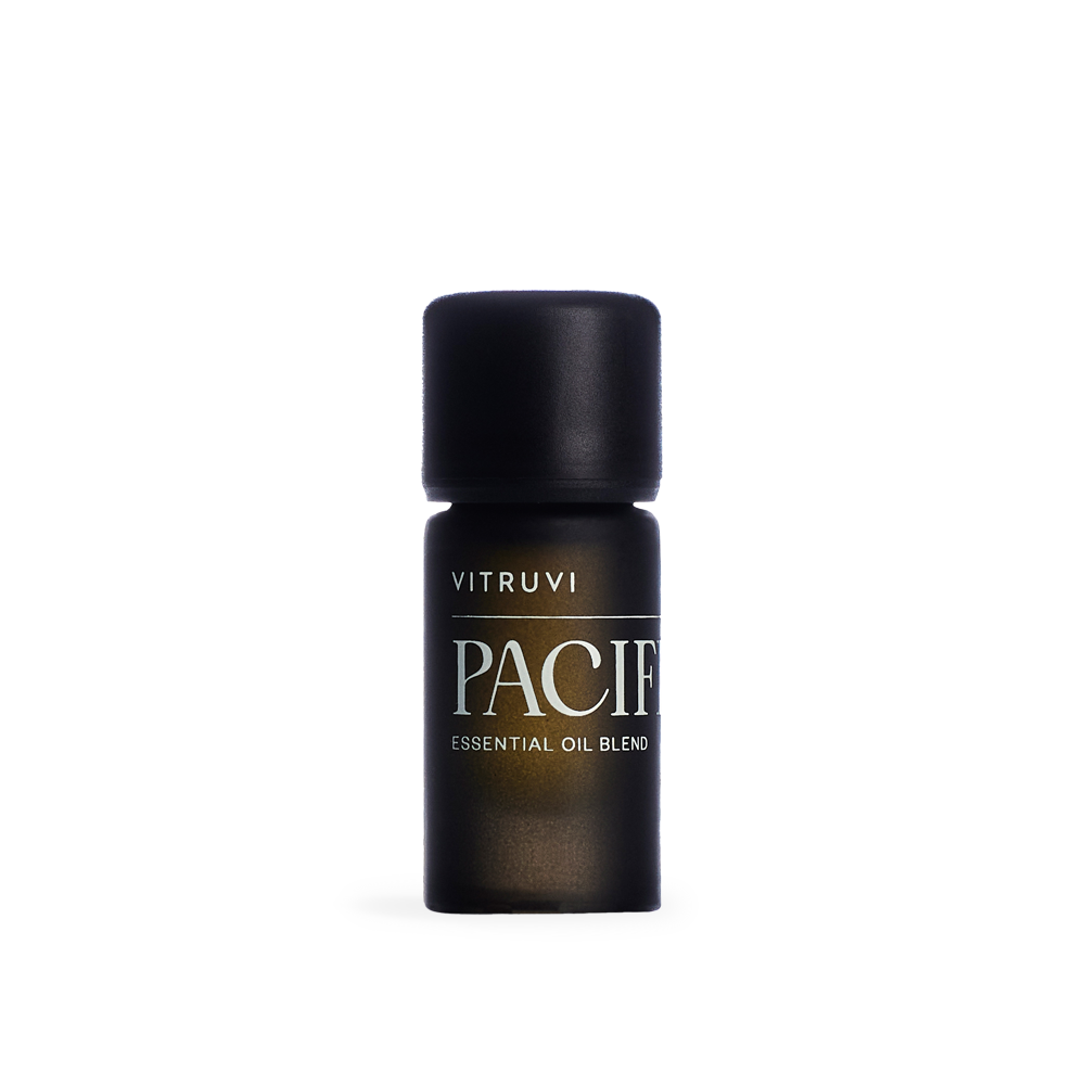 Vitruvi Pacif essential oil blend bottle on a white background