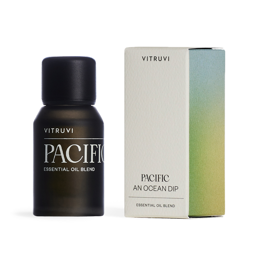 Vitruvi Pacific essential oil blend bottle on a transparent background