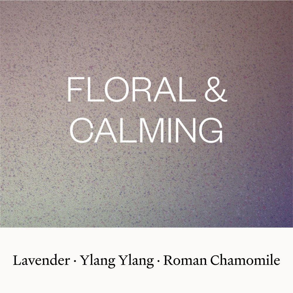 Text 'FLORAL & CALMING' with a gradient background