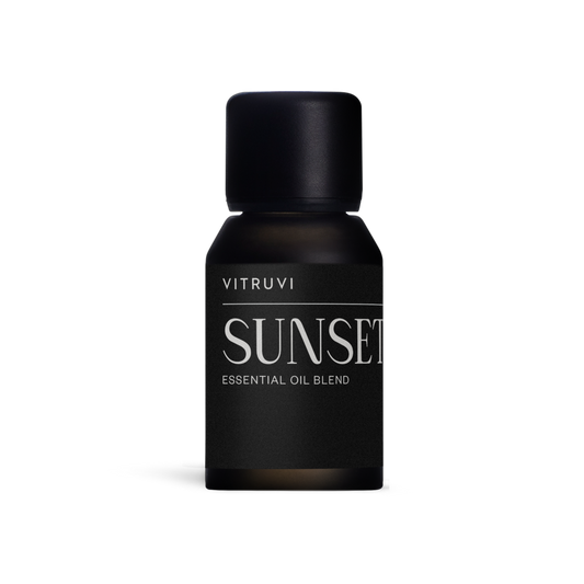 Vitruvi Sunset essential oil blend bottle on a white background