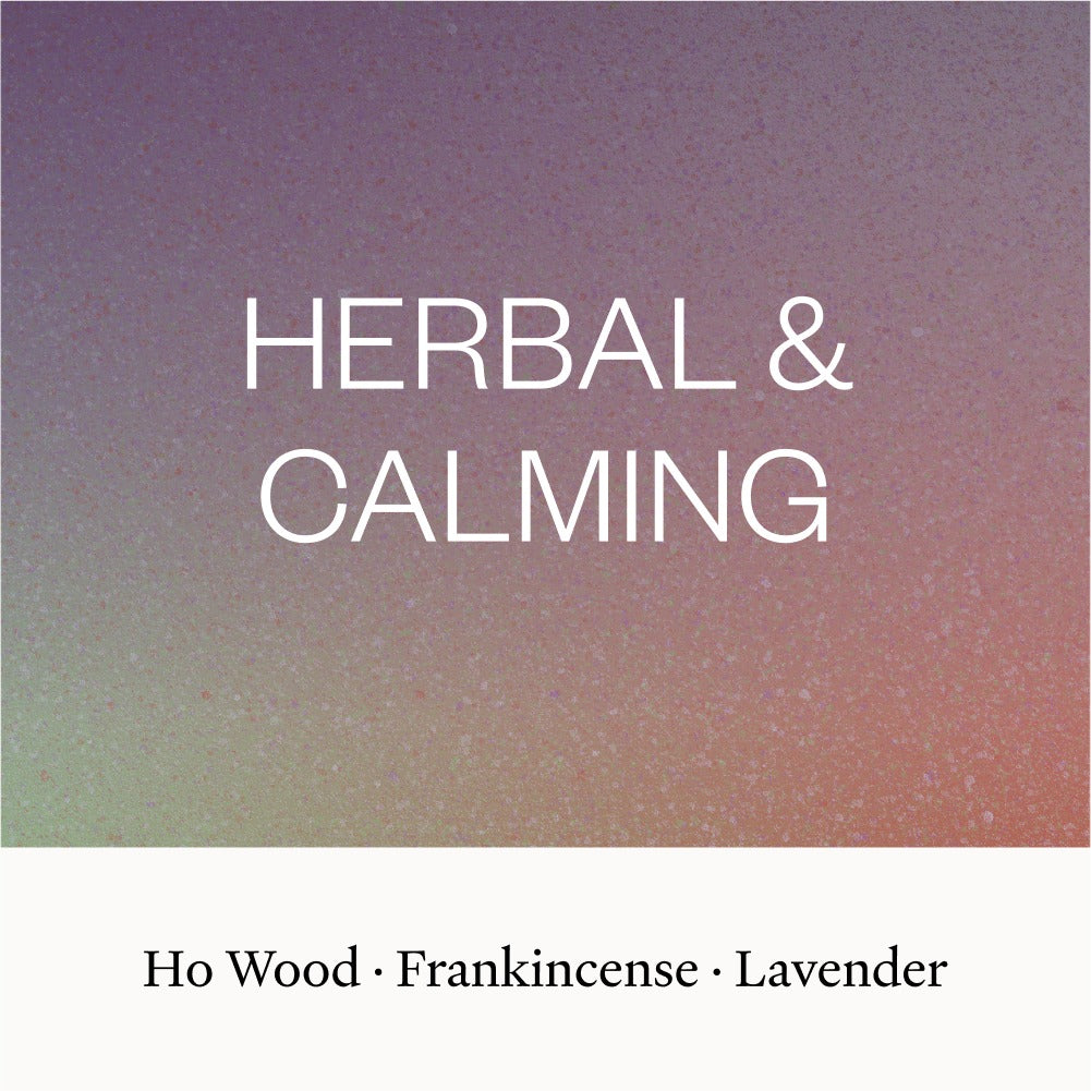 Text 'HERBAL & CALMING' with ingredients listed on a gradient background