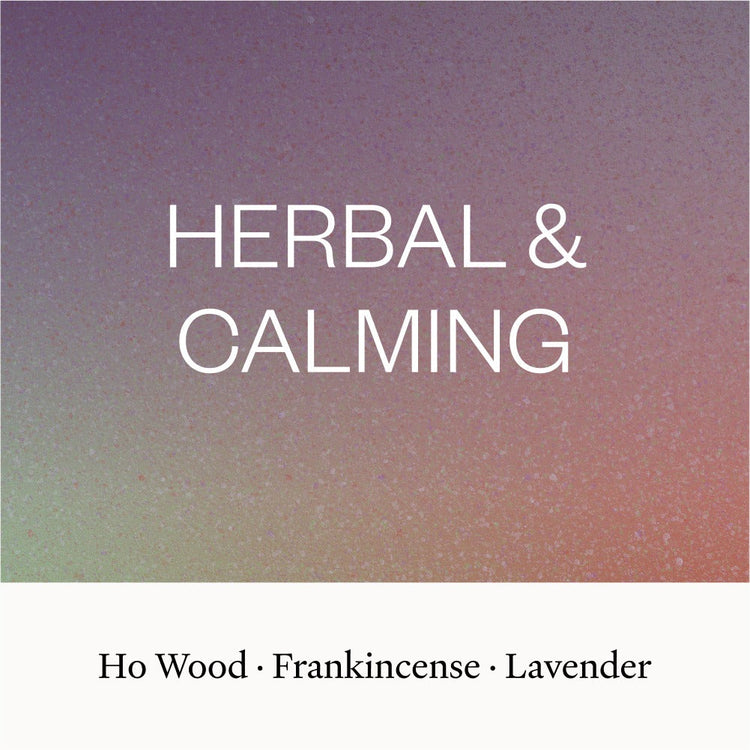 Text 'HERBAL & CALMING' with ingredients listed on a gradient background