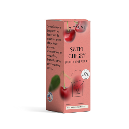 Vitruvi Sweet Cherry push scent refill box on a white background