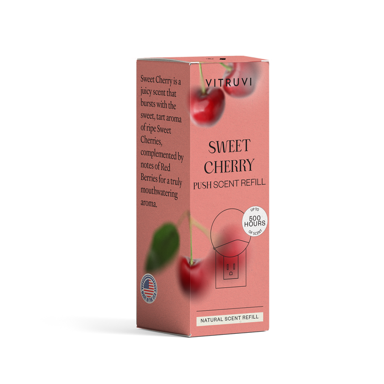 Vitruvi Sweet Cherry push scent refill box on a white background