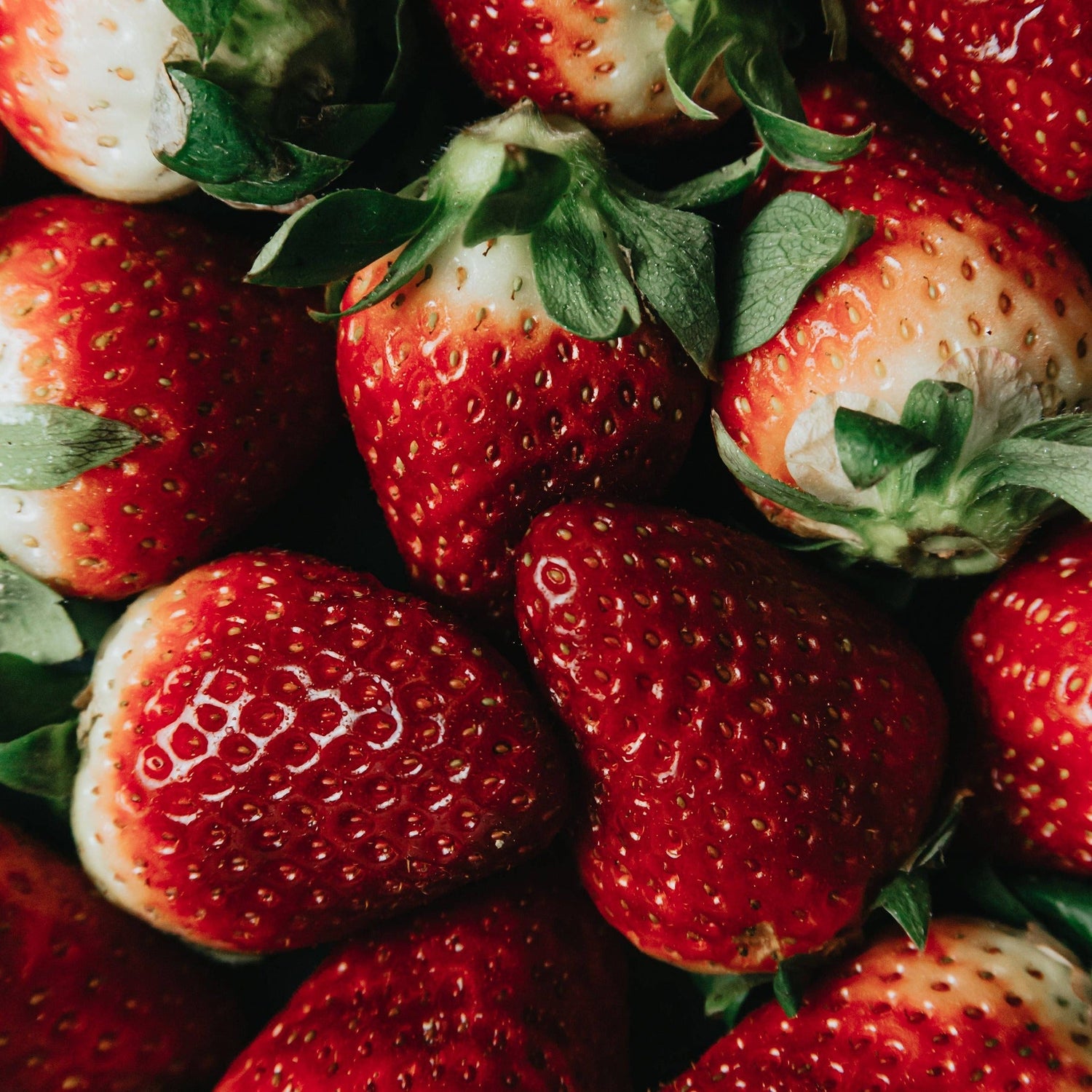 Close-up of fresh strawberries with green leaves