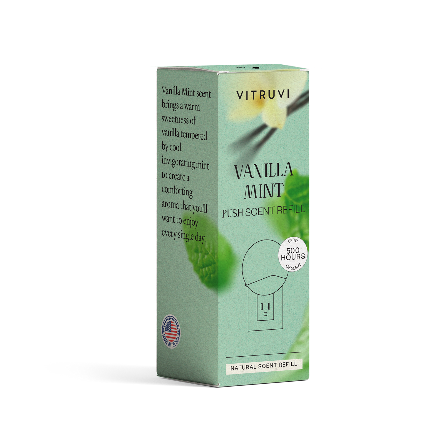 Vitruvi Vanilla Mint push-scent refill packaging on a white background