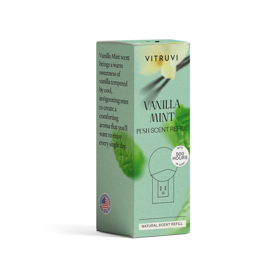 Vitruvi Vanilla Mint push-scent refill packaging on a white background