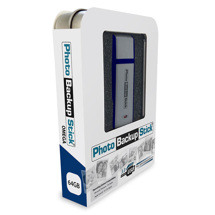 Photo Backup Stick packaging with white and blue design on a white background