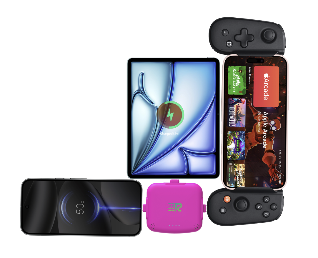 A composite product image showing a black rectangular electronic device with a circular display, a black handheld controller with joysticks, a black tablet-like device with a blue abstract wallpaper, a pink square accessory with a green logo, and a smartphone displaying app screens, all arranged on a plain white background.