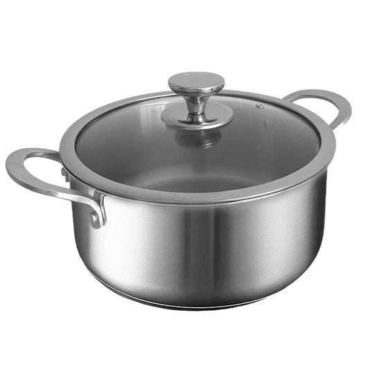 Stainless steel pot with lid on a white background