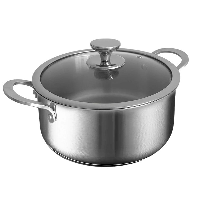 Stainless steel pot with lid on a white background