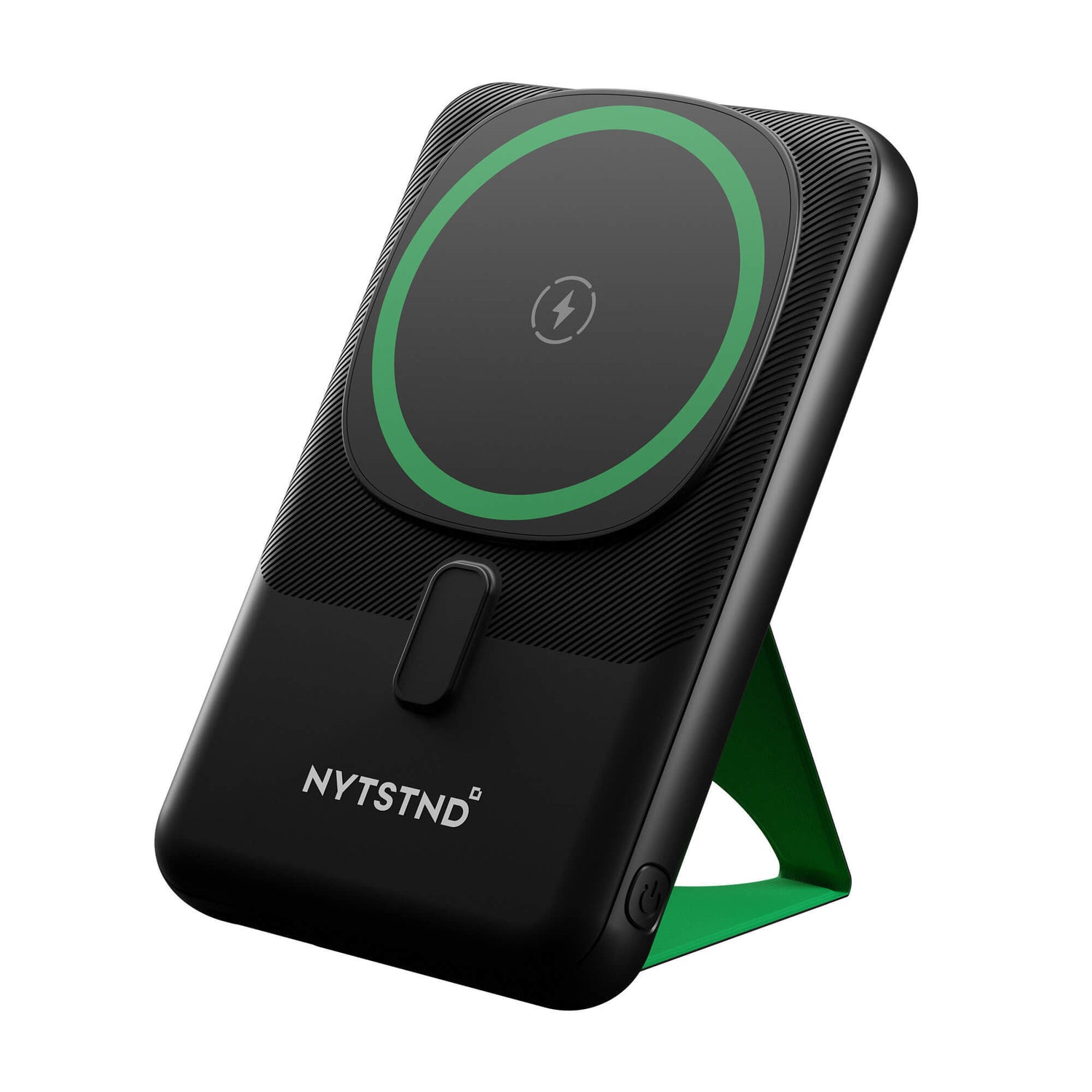A black NYTSTND Pulse Power Bank with a green accent on the magnetic charging surface, standing upright with an adjustable kickstand.