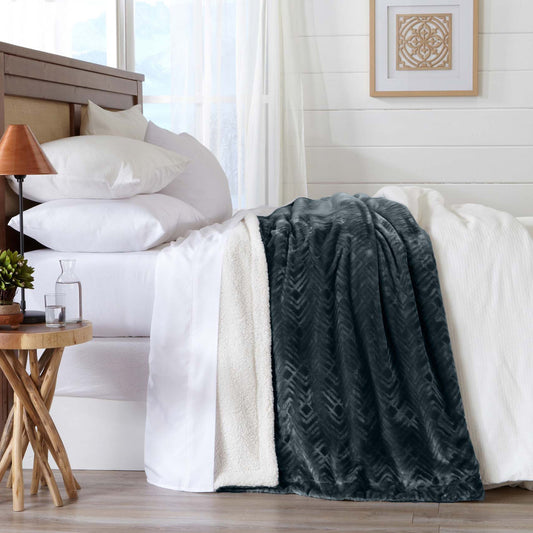 Ultra-Soft Velvet Plush Reversible Sherpa Fleece Blanket - Charcoal (Throw)