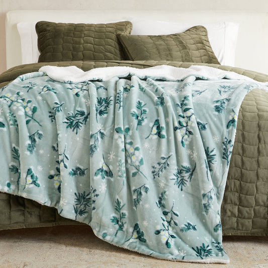 Ultra-Soft Velvet Plush Reversible Sherpa Fleece Blanket - Snowy Botanical (Throw)
