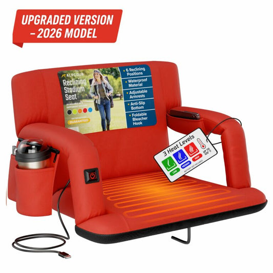 Black heated stadium seat with digital display and cup holder on a white background