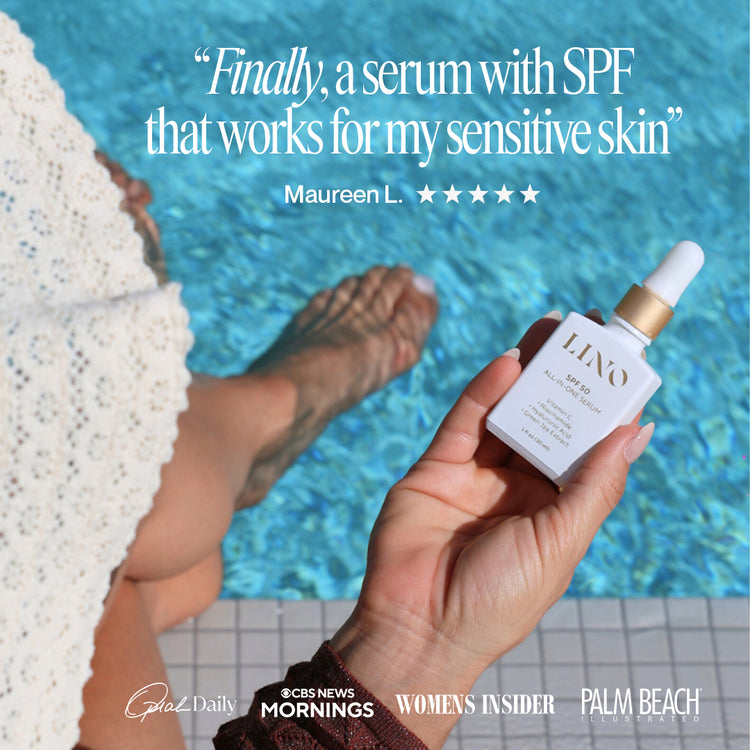 Hand holding a skincare serum with text about sensitive skin and media mentions, against a pool background.