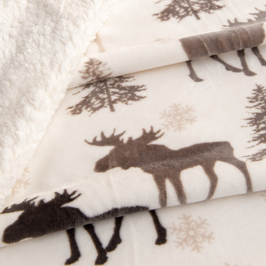 Ultra-Soft Velvet Plush Reversible Sherpa Fleece Blanket - Moose (Throw)