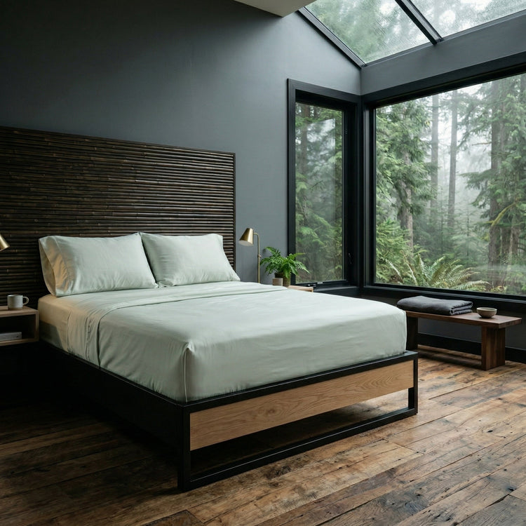 A modern bed with pale sage green bedding and a dark wood slatted headboard, placed in a dark forest-style bedroom with large windows showing a misty woodland view.