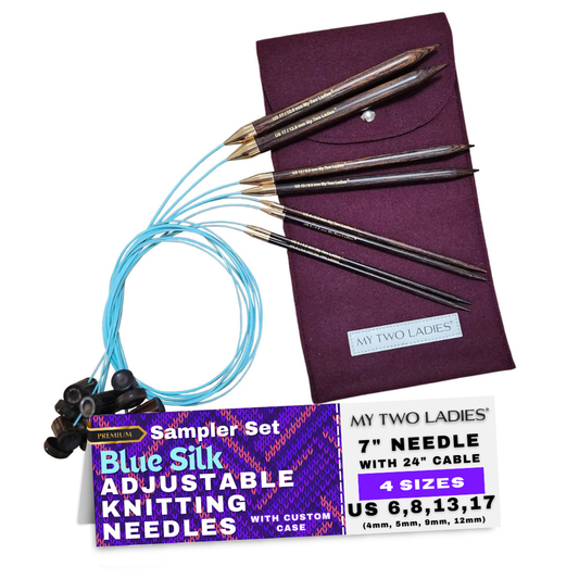 Set of adjustable knitting needles with a purple case and label on a white background