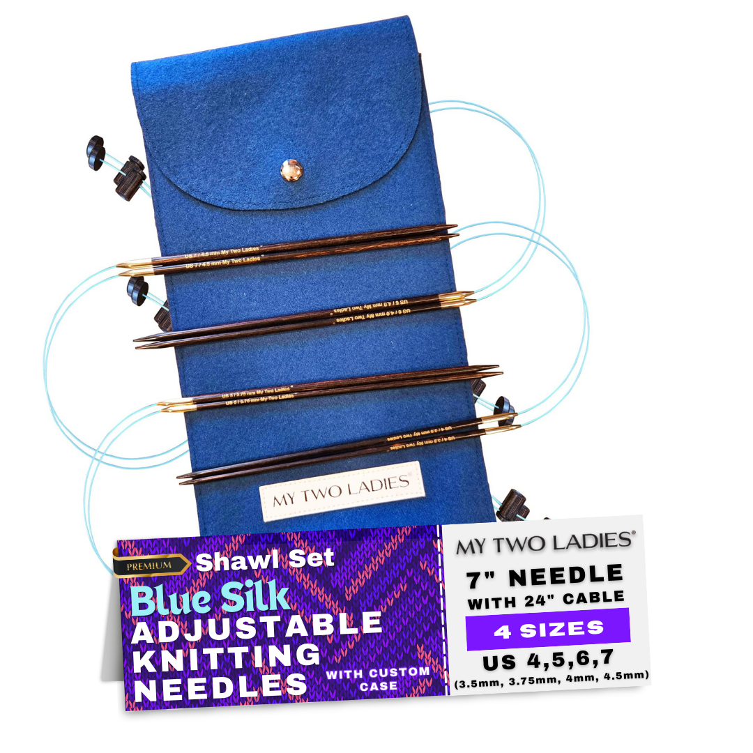 Set of adjustable knitting needles with blue case and packaging on a white background