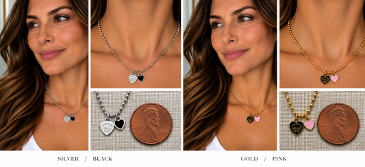 Two necklaces on mannequin busts with a blurred background
