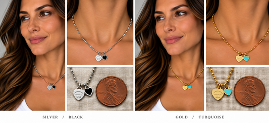 Two necklaces on mannequin busts with a blurred background