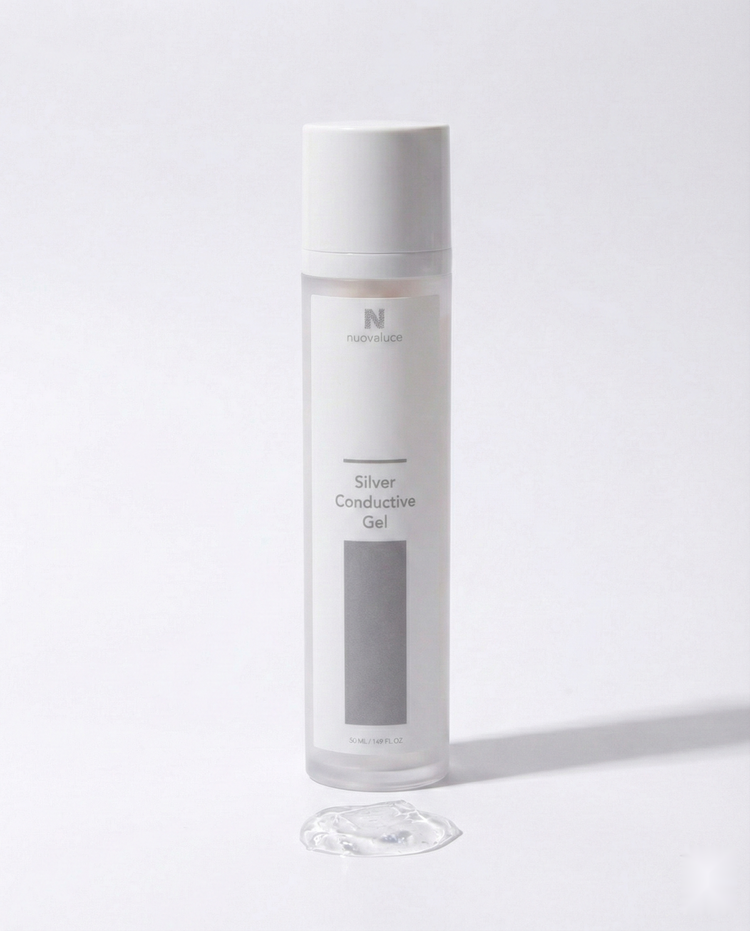 Bottle of silver conductive gel on a white background